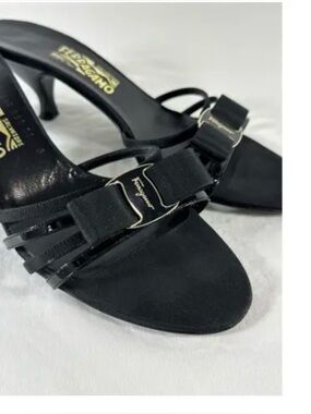 Salvatore Ferragamo Black Bow Mule Sandals kitten heel